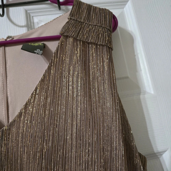 Taylor [Anthropologie] Gold Metallic Ruffle Stretch Waist Formal Midi Dress, EUC - Picture 7 of 13